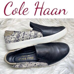 COLE HAAN Grandpro Spectator Black Leather & Snakeskin Slip On Sneakers, 6.5